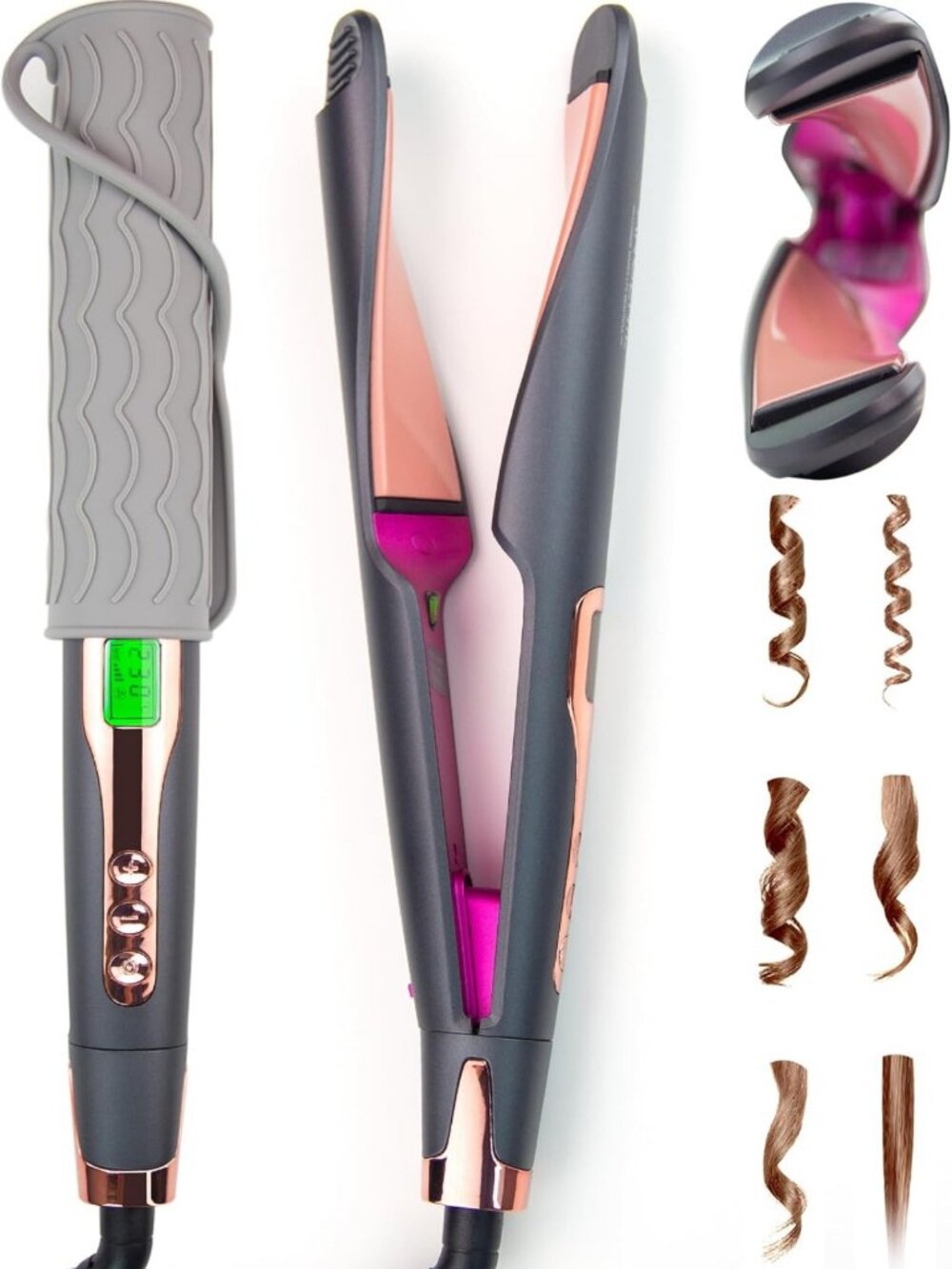 2-in-1 Ceramic Flat Iron & Curler, Fast Heating, Adjustable Temp 250℉-450℉